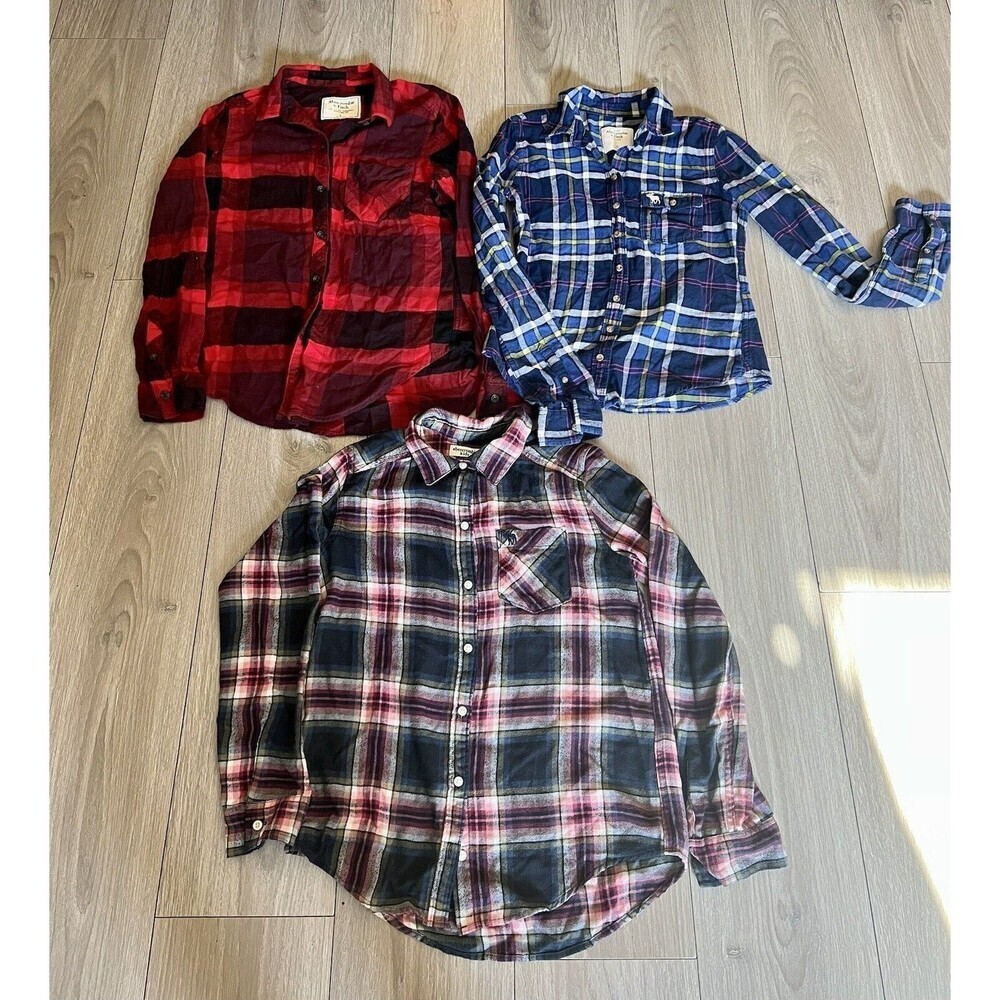 Lot of 3 Abercrombie kids Flannel Shirt Button Down Pocket Plaid SZ 13/14-small